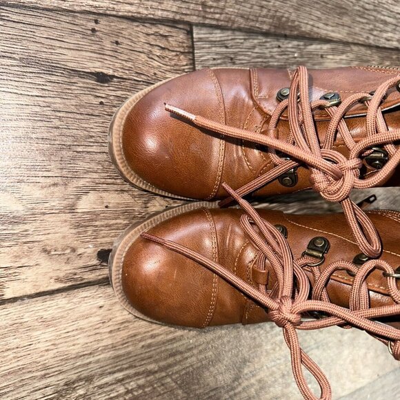 Women's Ankle Boots Brown Faux Leather Sherpa Tall Thick Heel Booties Size 7 - Picture 7 of 13